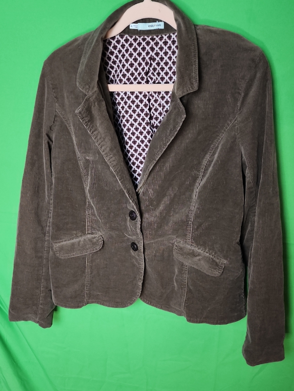Maurices Vintage Olive Green Corduroy Fitted Blazer Jacket Sz XL GeometricLining
